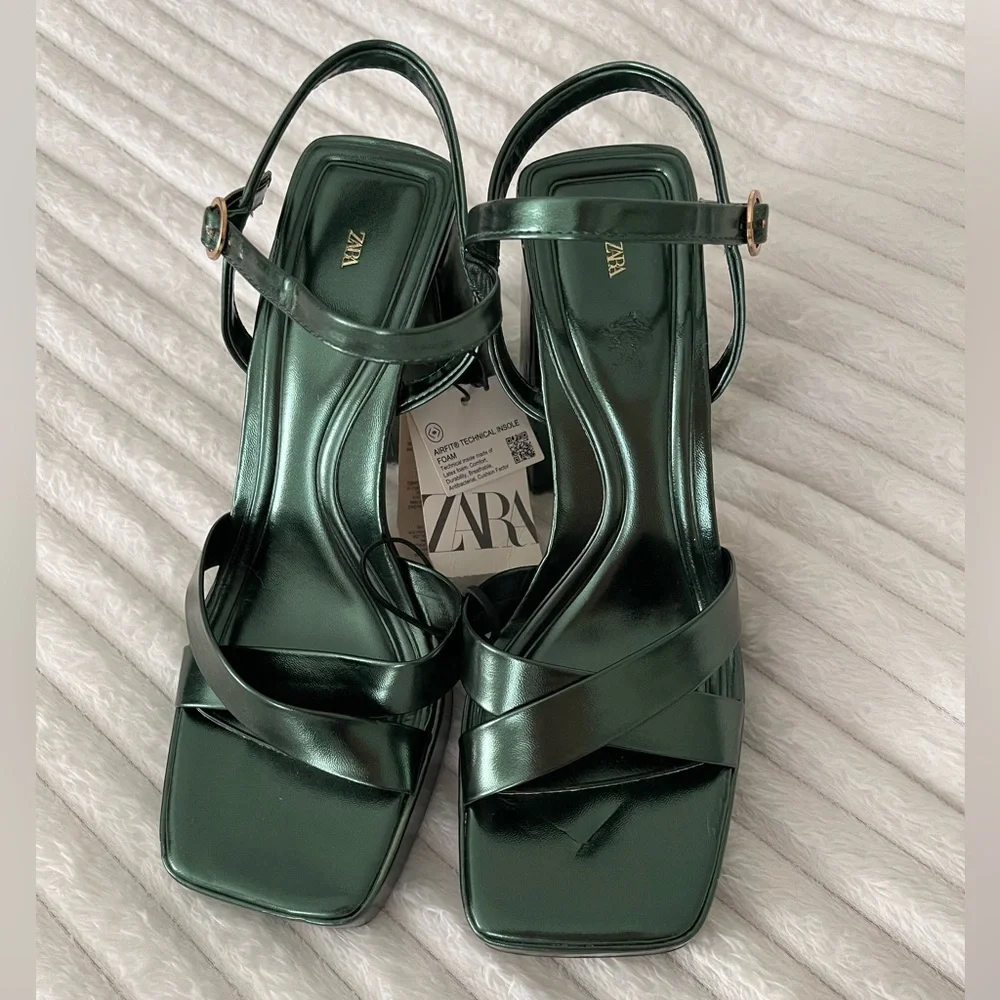 Zara Emerald Green Ankle Strap Platform Sandals - Picture 5 of 11